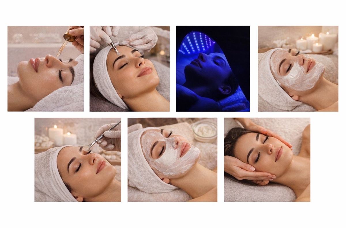 Trin i en ansigtsbehandling: serum, microneedling, LED-lys, maske og massage